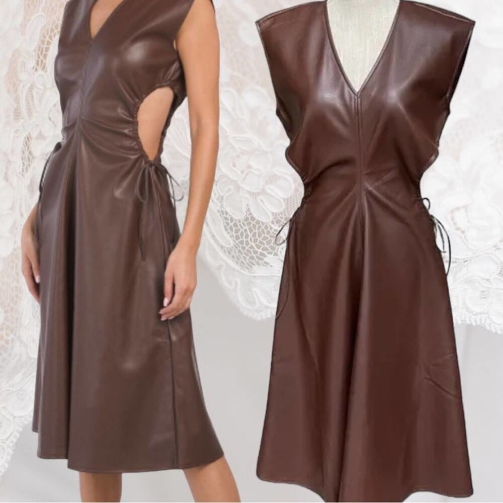 NWOT 7 for All Mankind Dress Faux Leather Dark Brown Cut Out Midi Size Large